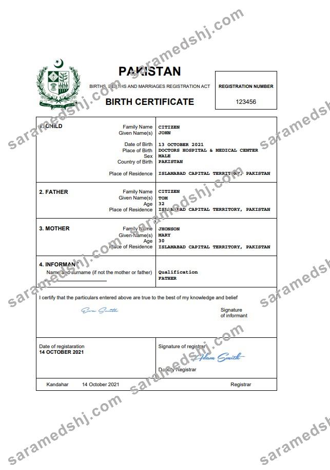 Pakistan vital record birth certificate Word and PDF template, completely editable